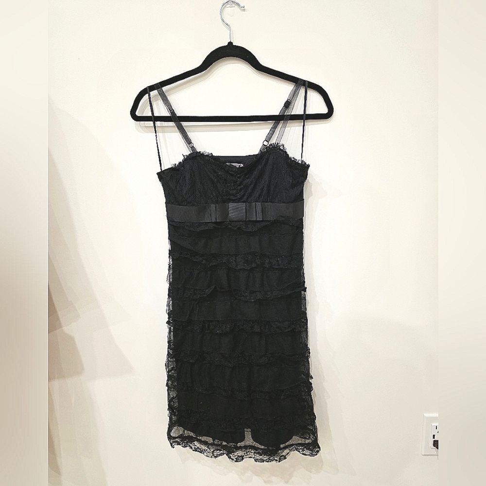 Influence Black Ruffled Tiered Lace Babydoll Mini Dress  US 4
